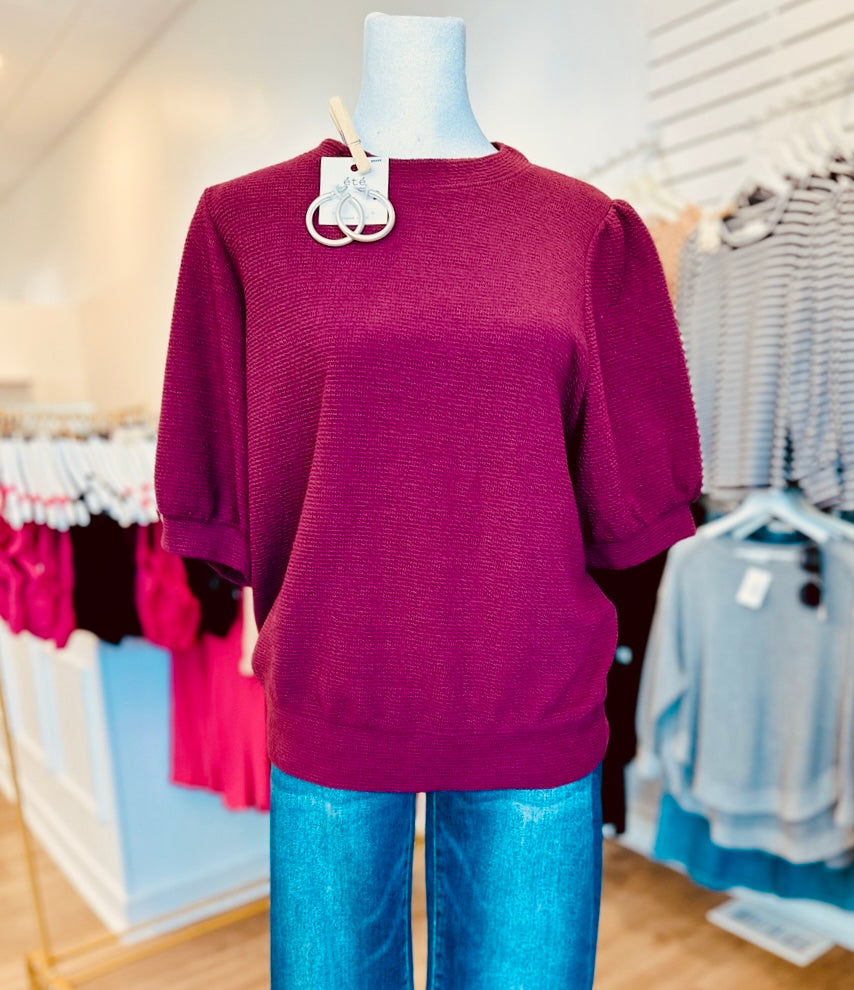 Cloudy Knit Puffy Short Sleeve Top - Wine