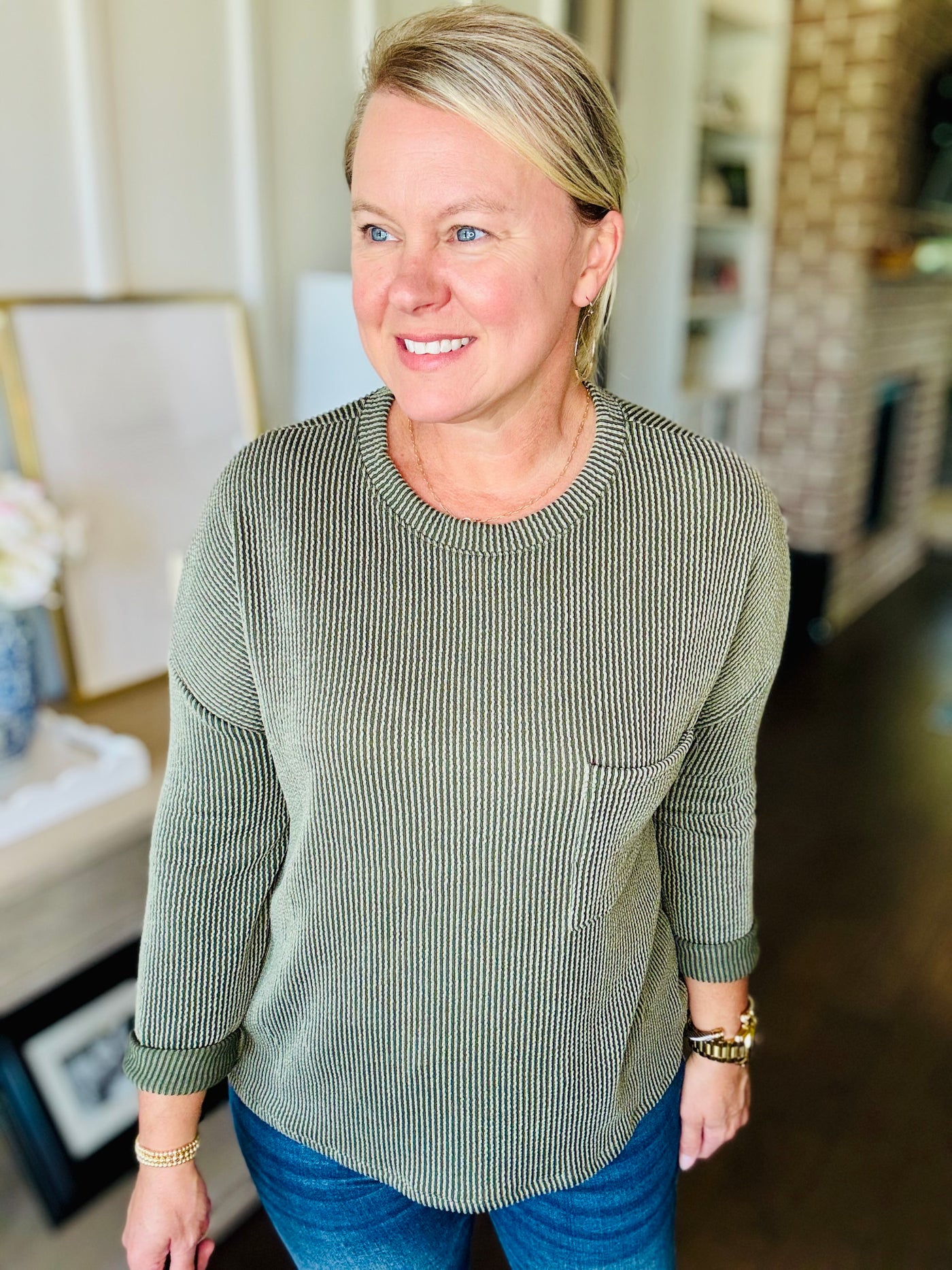 Ribbed Long Sleeve Pocket Top - Olive