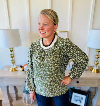 Floral Vine 3/4 Sleeve Top - Olive