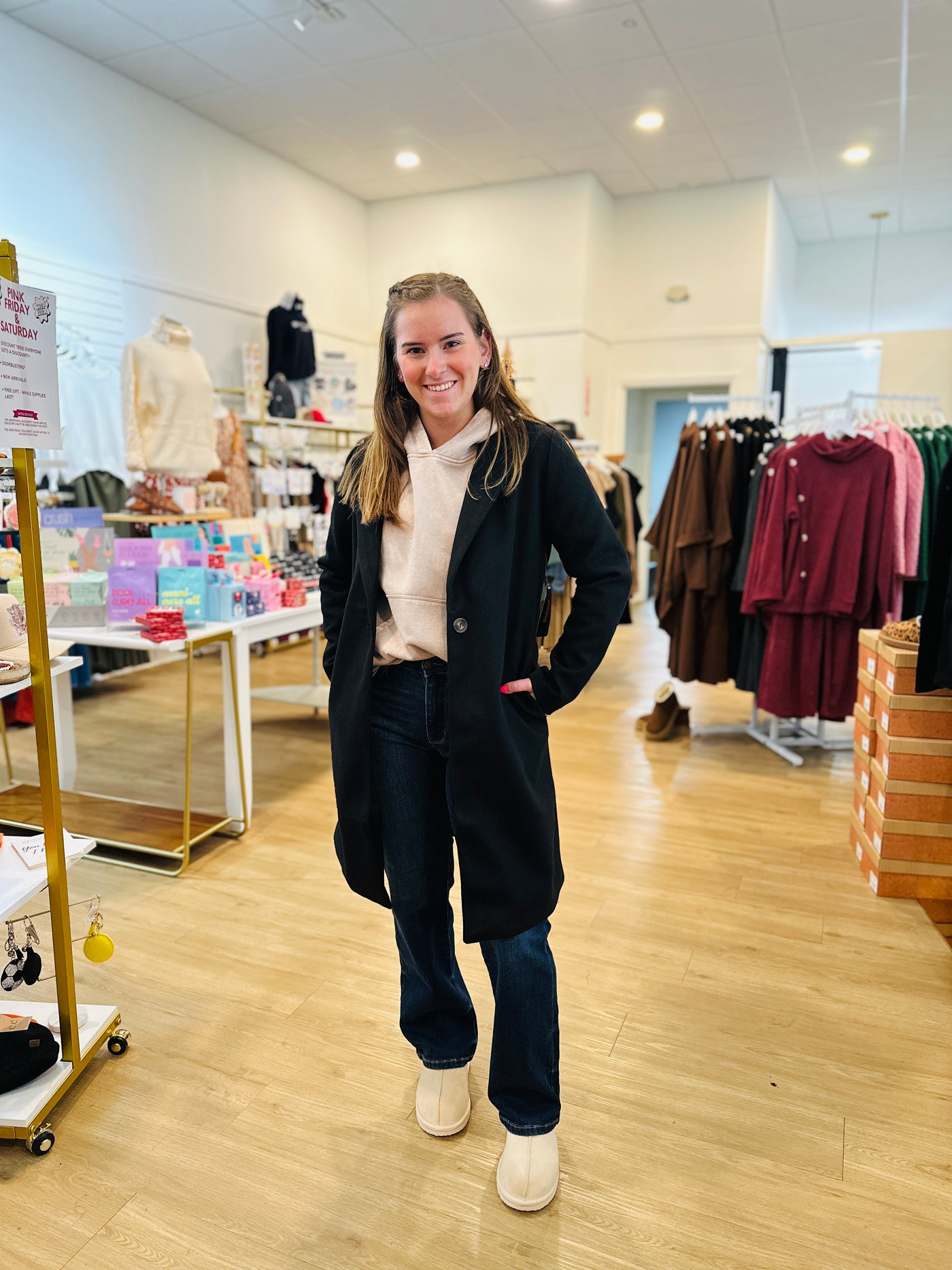 Faux Wool Single Breasted Long Coat - Black