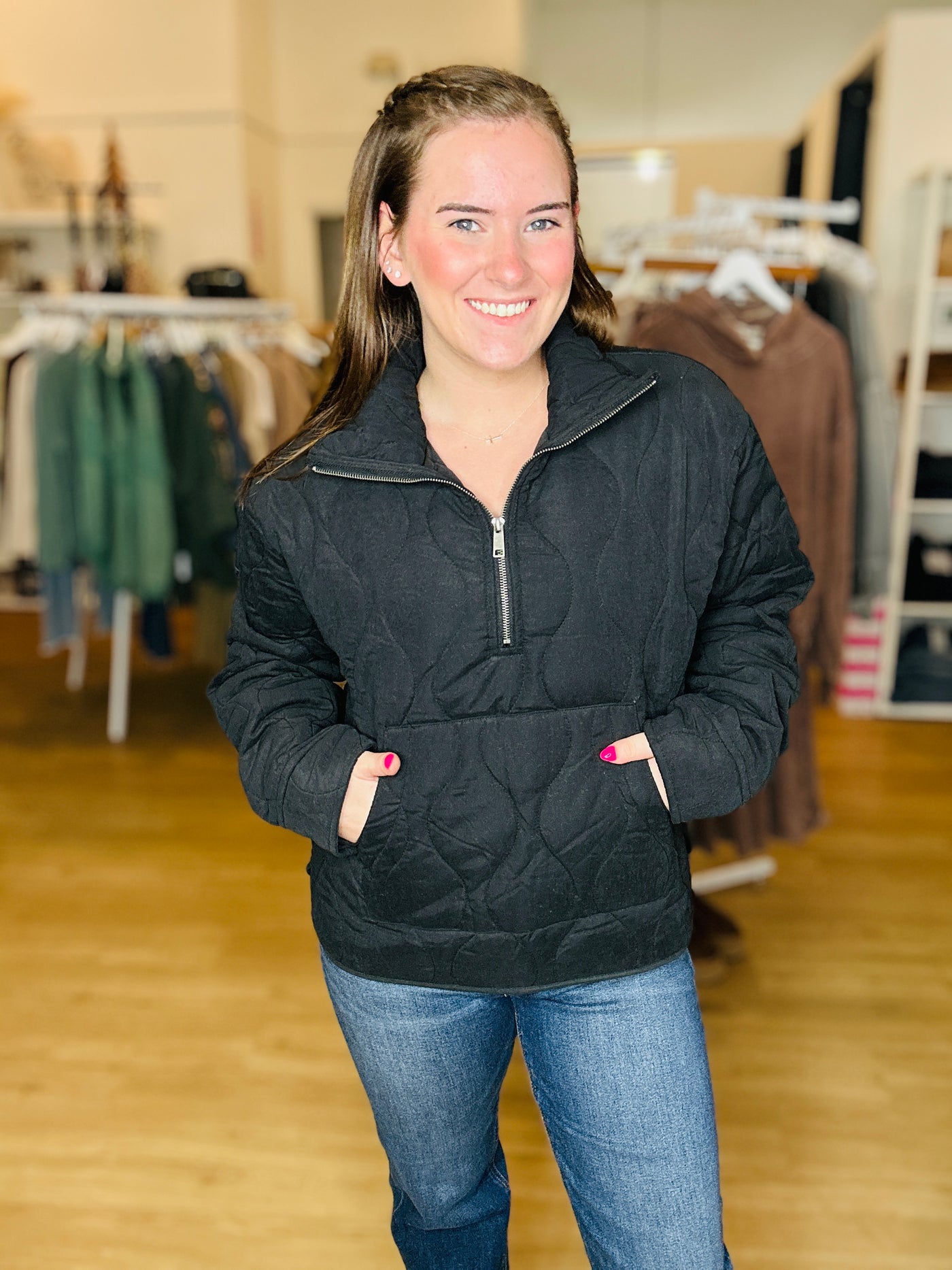 Quilted Half Zip Pullover - Black