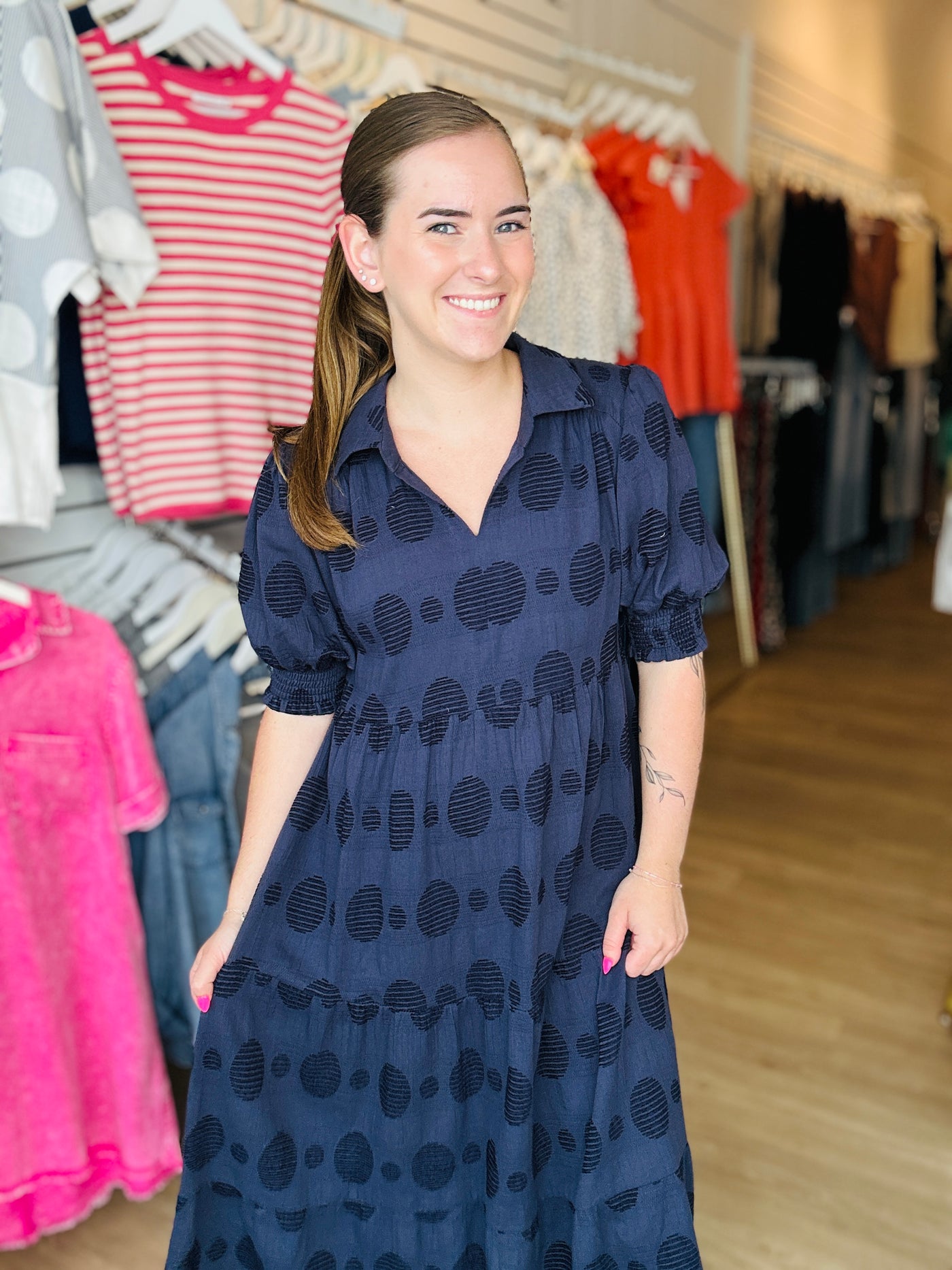 Swiss Dot Tiered Dress - Navy