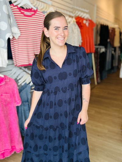 Swiss Dot Tiered Dress - Navy
