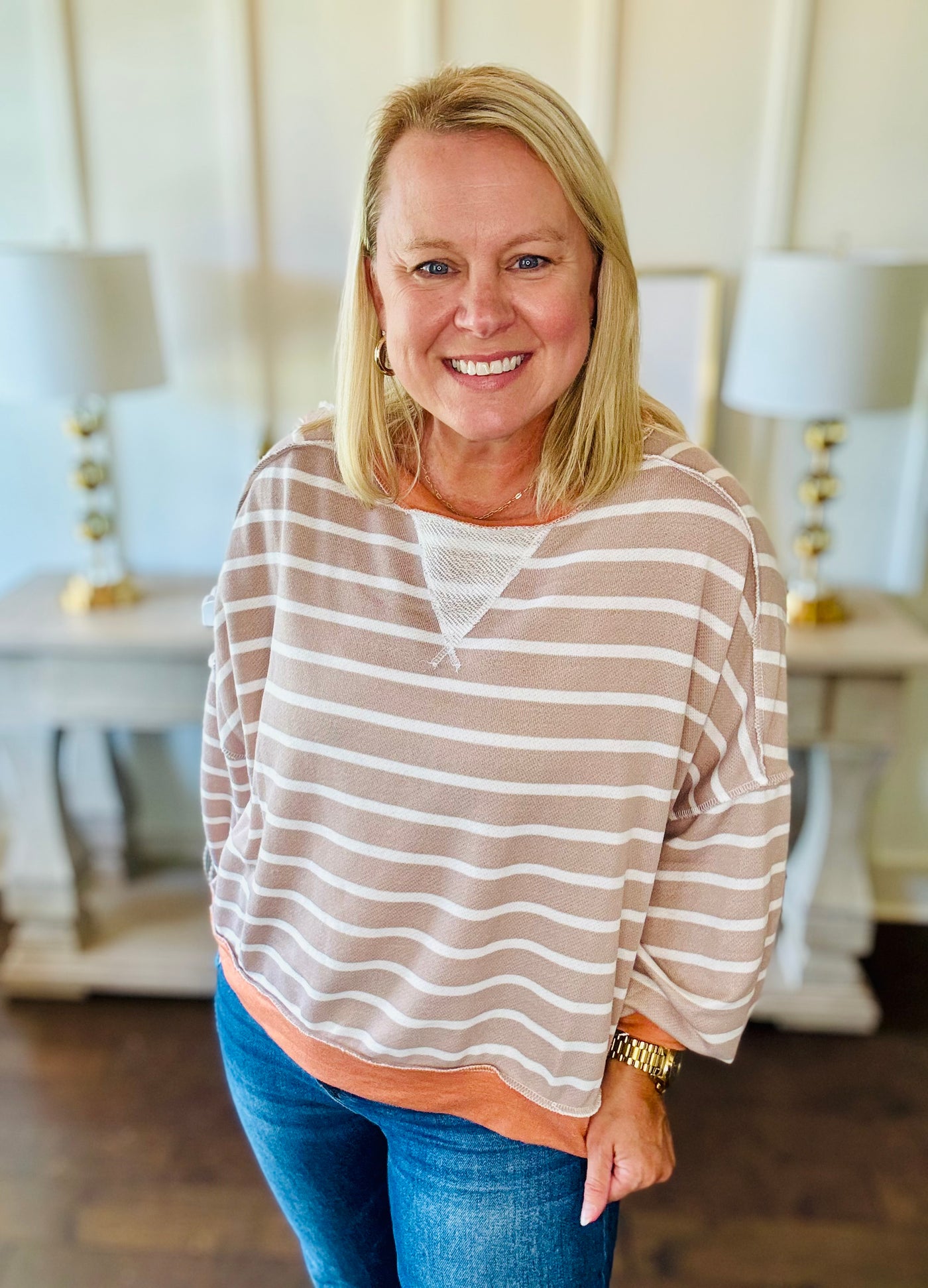 Oversized Striped Crewneck - Rust Taupe