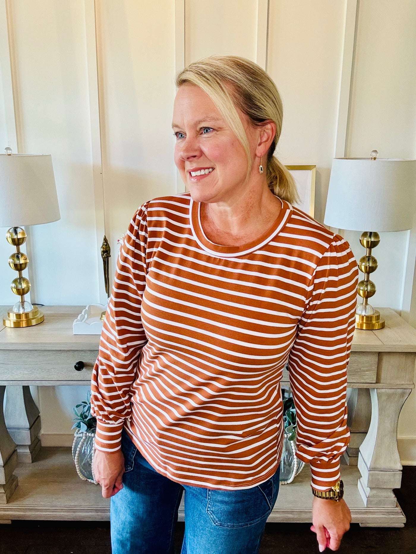 Striped Long Sleeve Top - Adobe White