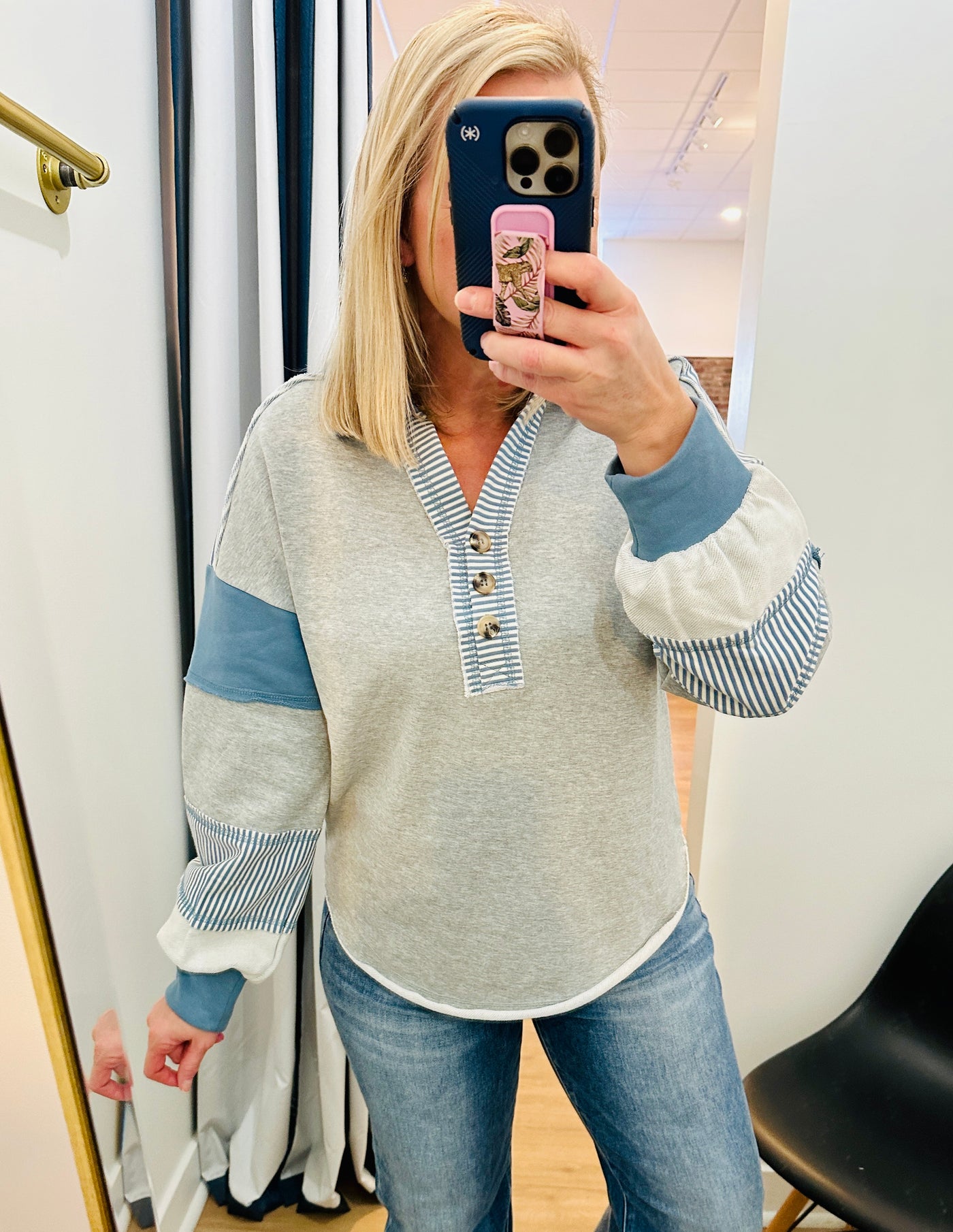 The Chelsea Long Sleeve Top - Grey Blue