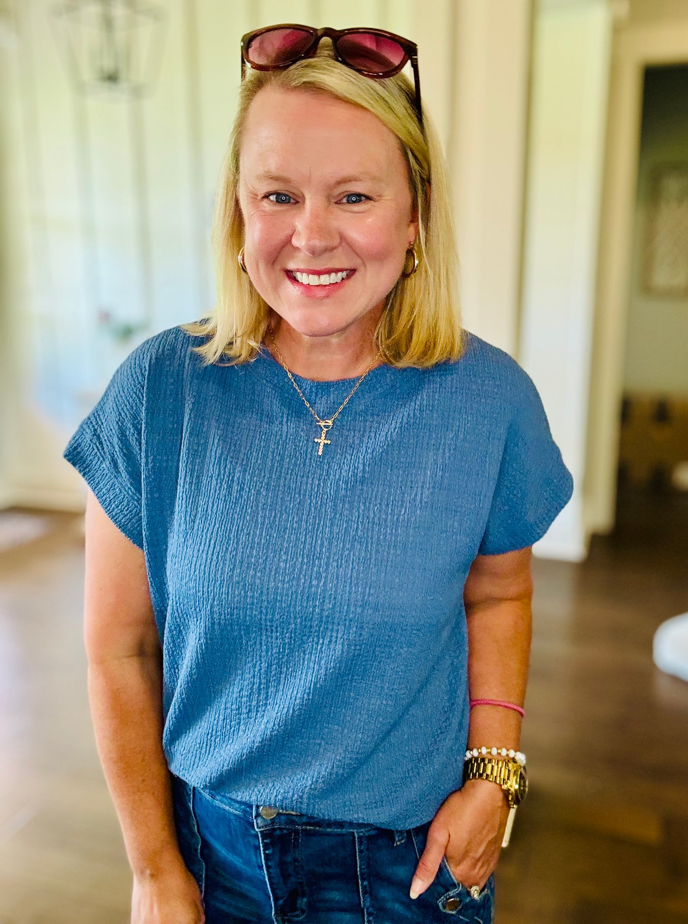 Round Neck Crinkle Short Sleeve - Denim Blue