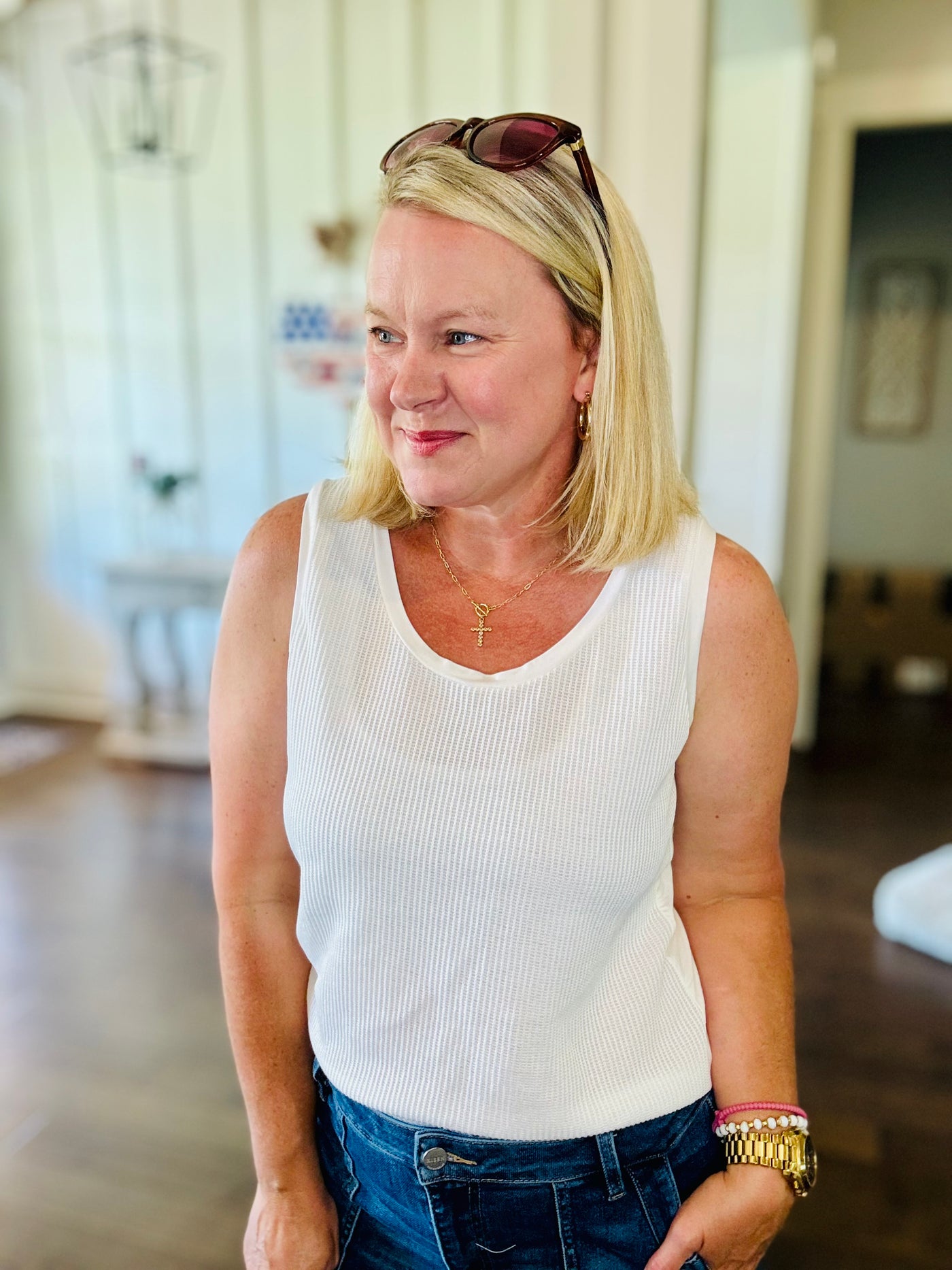 Textured Knit Tank Top - White