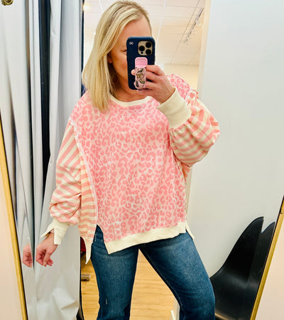 Leopard and Stripe Long Sleeve Top - Blush