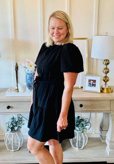Short Sleeve Gathered Waist Dress - Black