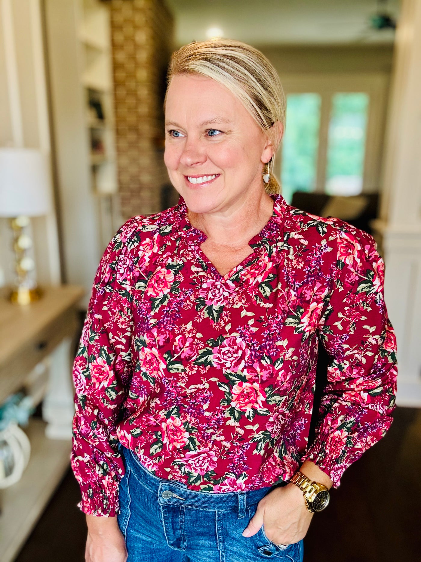 Floral V-Neck - Burgundy