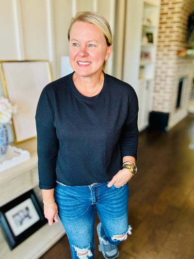 Ribbed Long Sleeve Pocket Top - Black