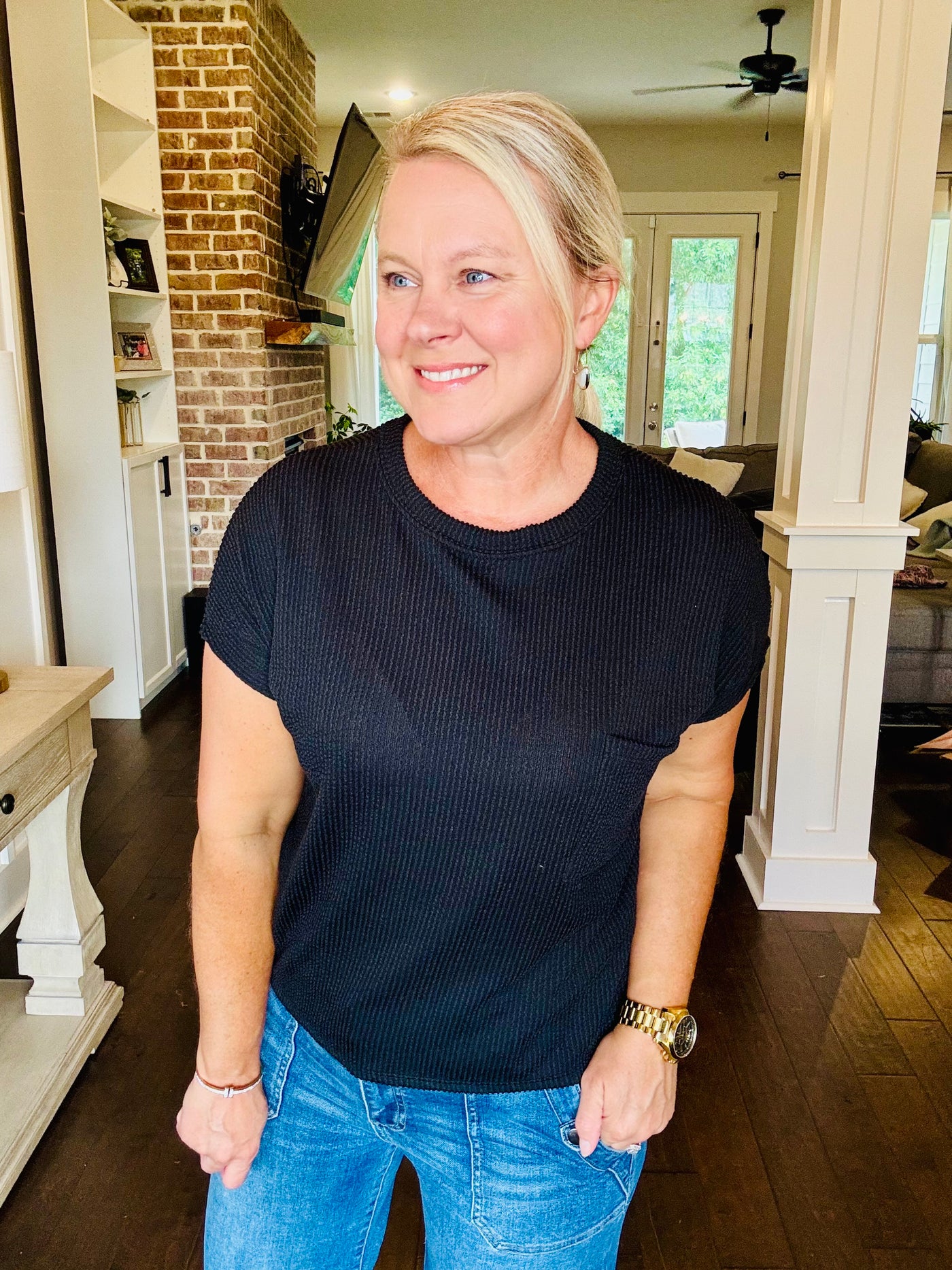Ribbed Short Sleeve Top - Black