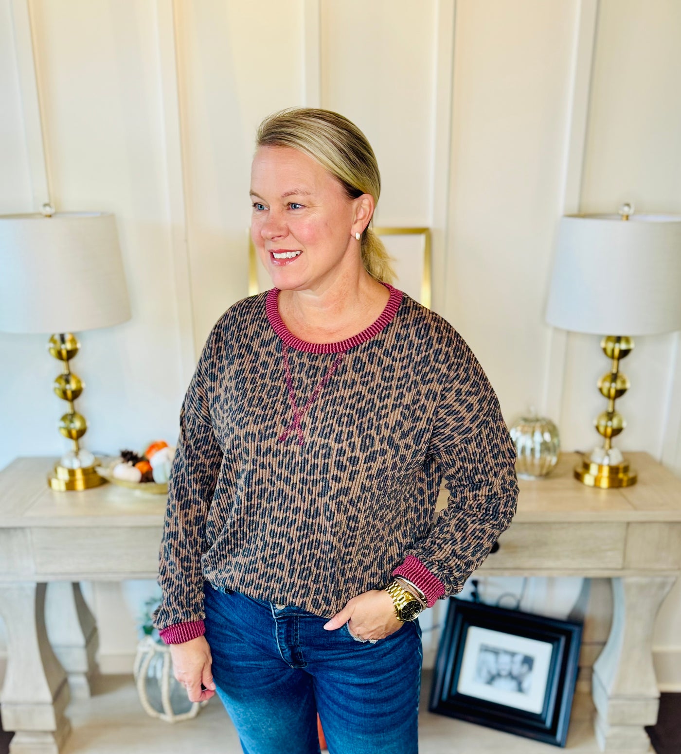 Leopard Ribbed Long Sleeve - Brown Burgundy