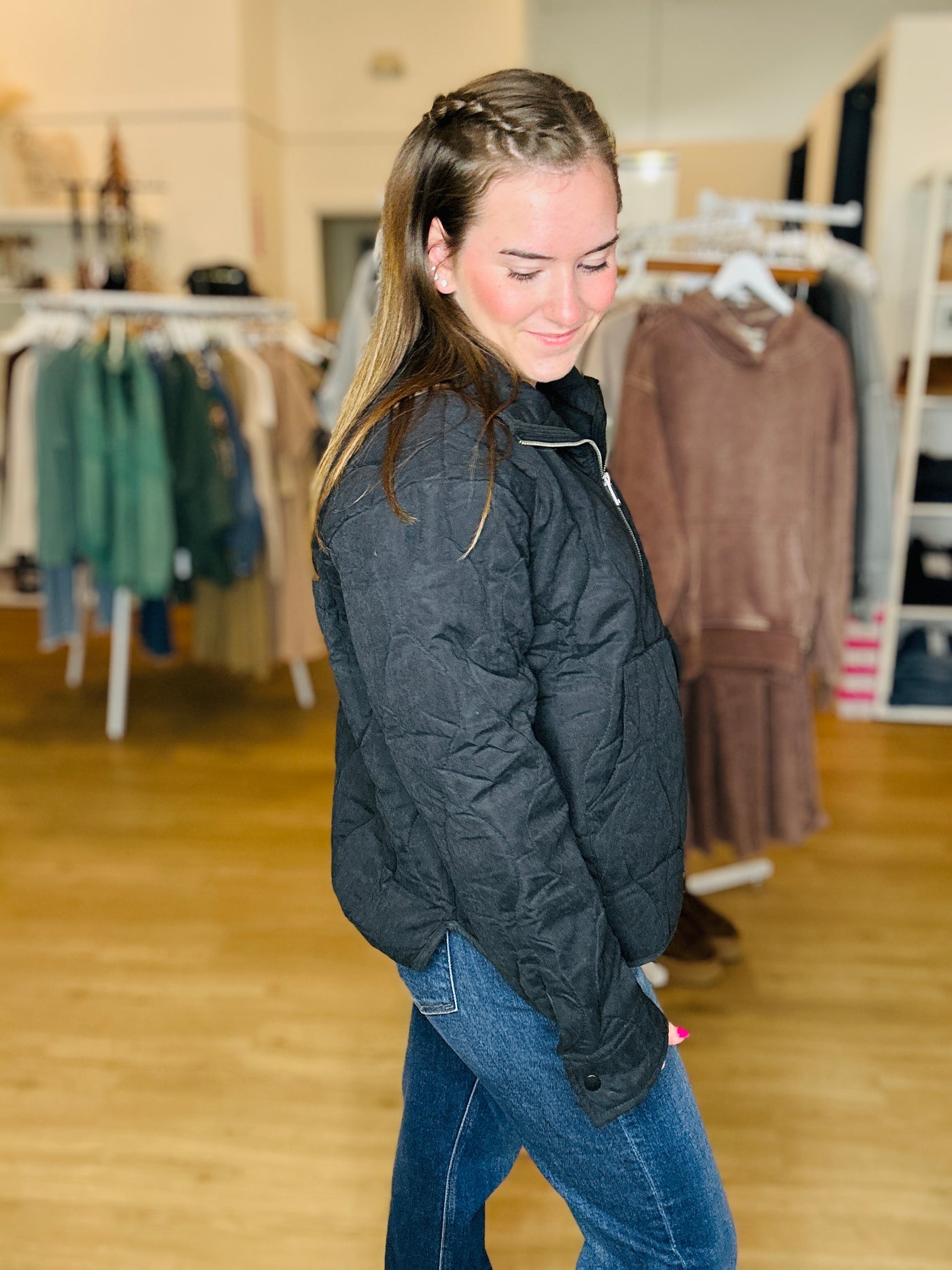 Quilted Half Zip Pullover - Black