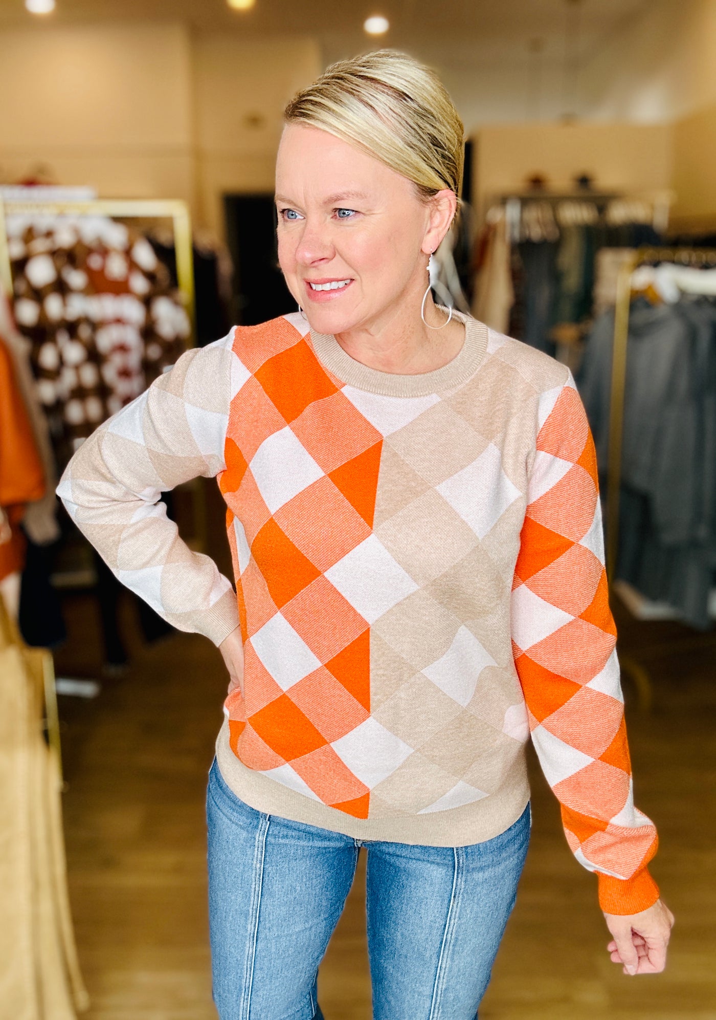 Orange Taupe Plaid Sweater