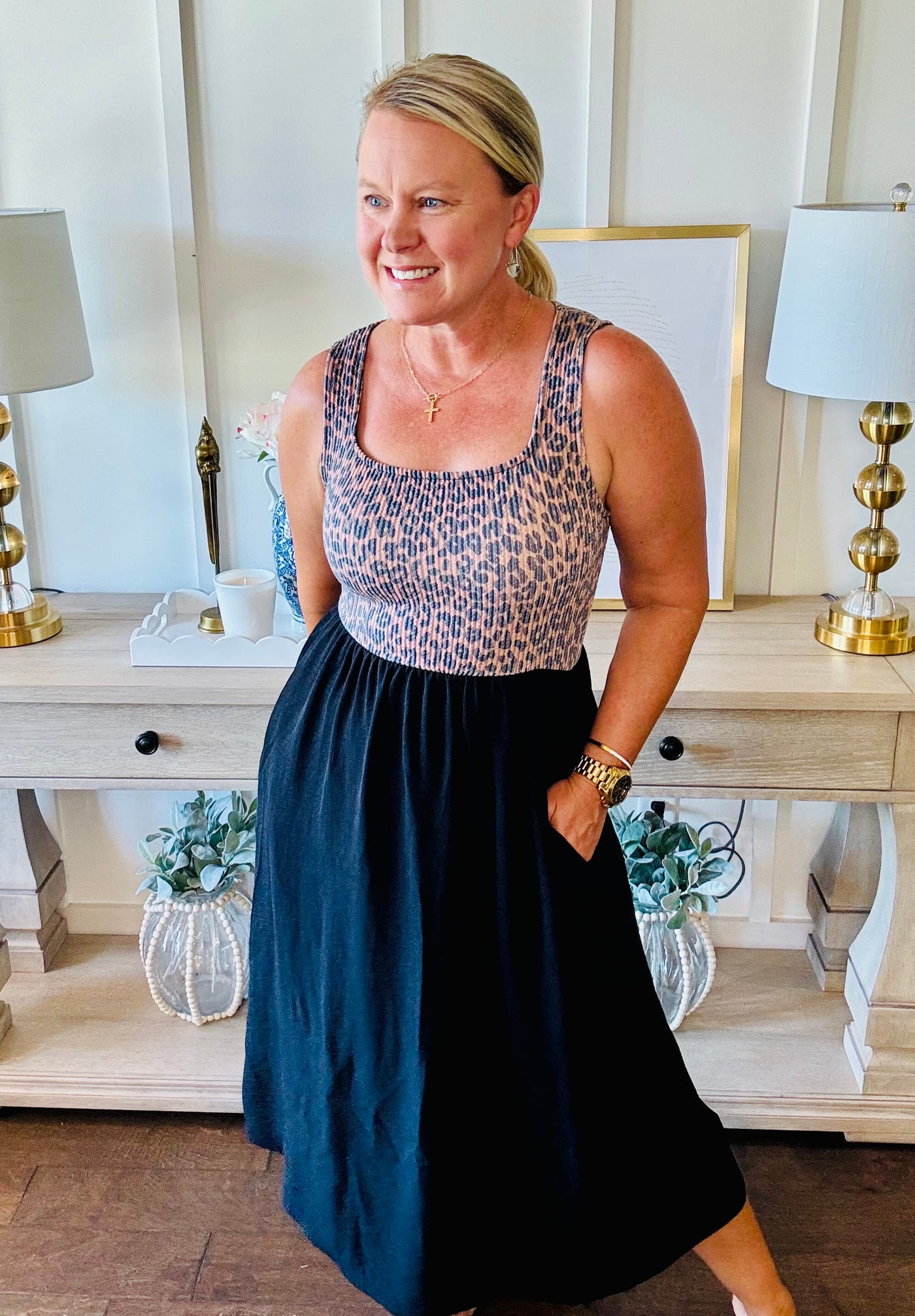 Leopard Black Midi Dress