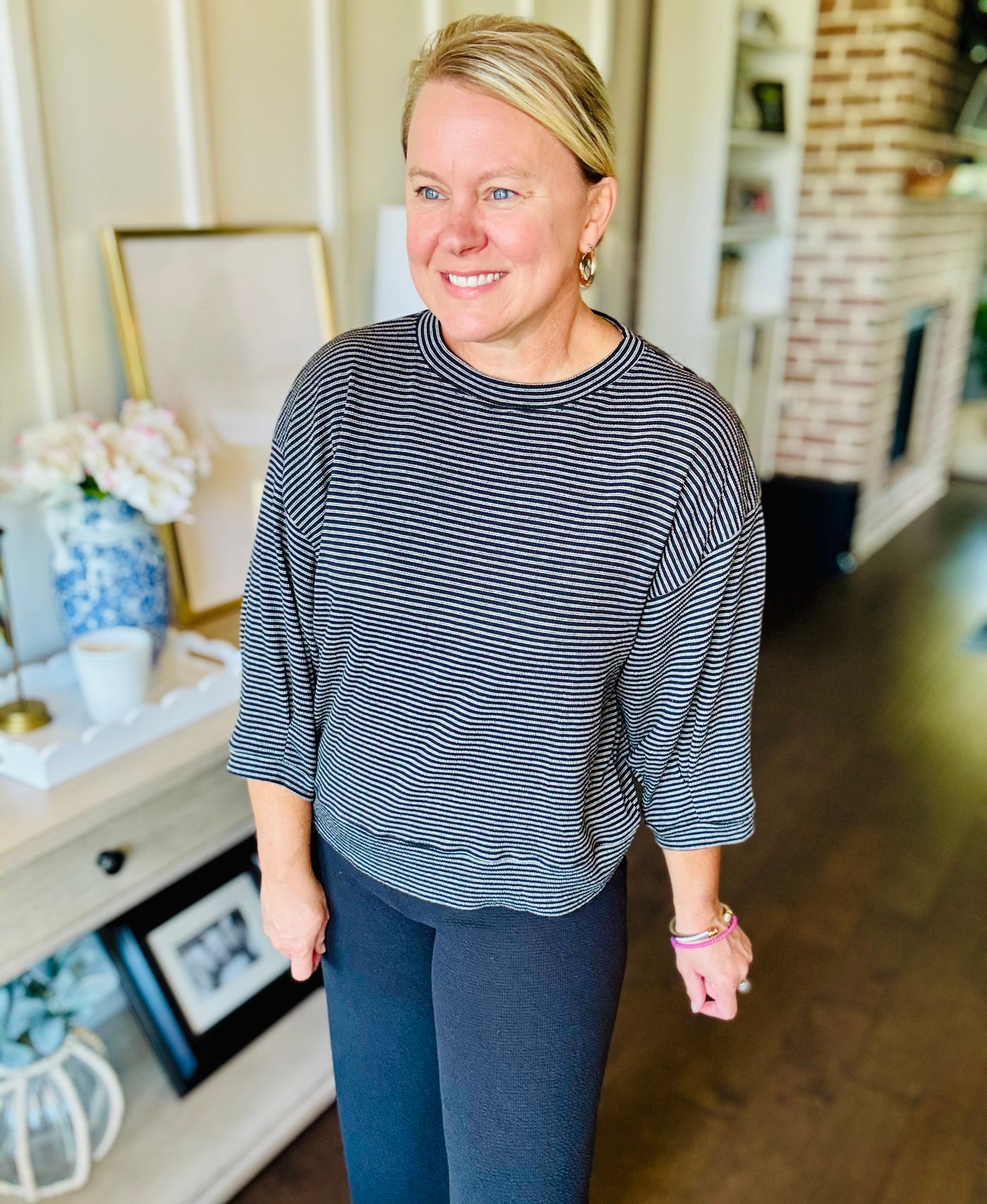 Striped 3/4 Sleeve Top - Black