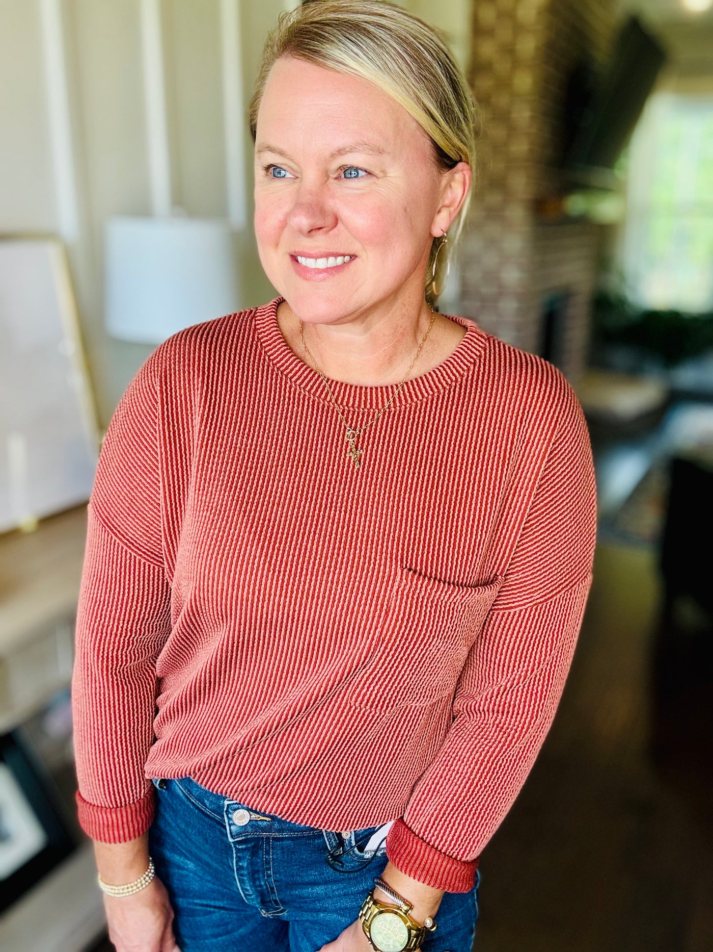Ribbed Long Sleeve Pocket Top - Rust