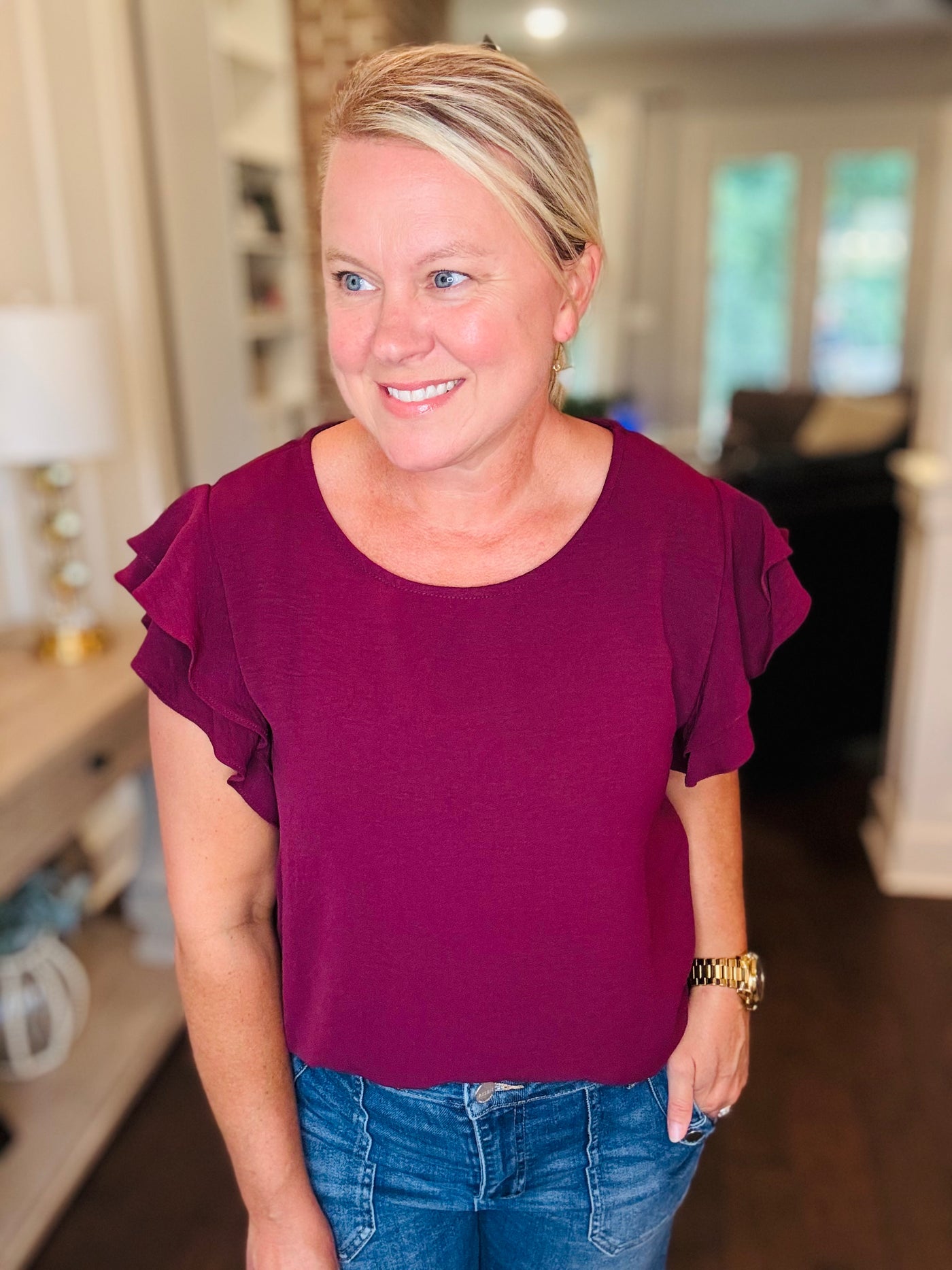 Ruffle Sleeve Top - Burgundy