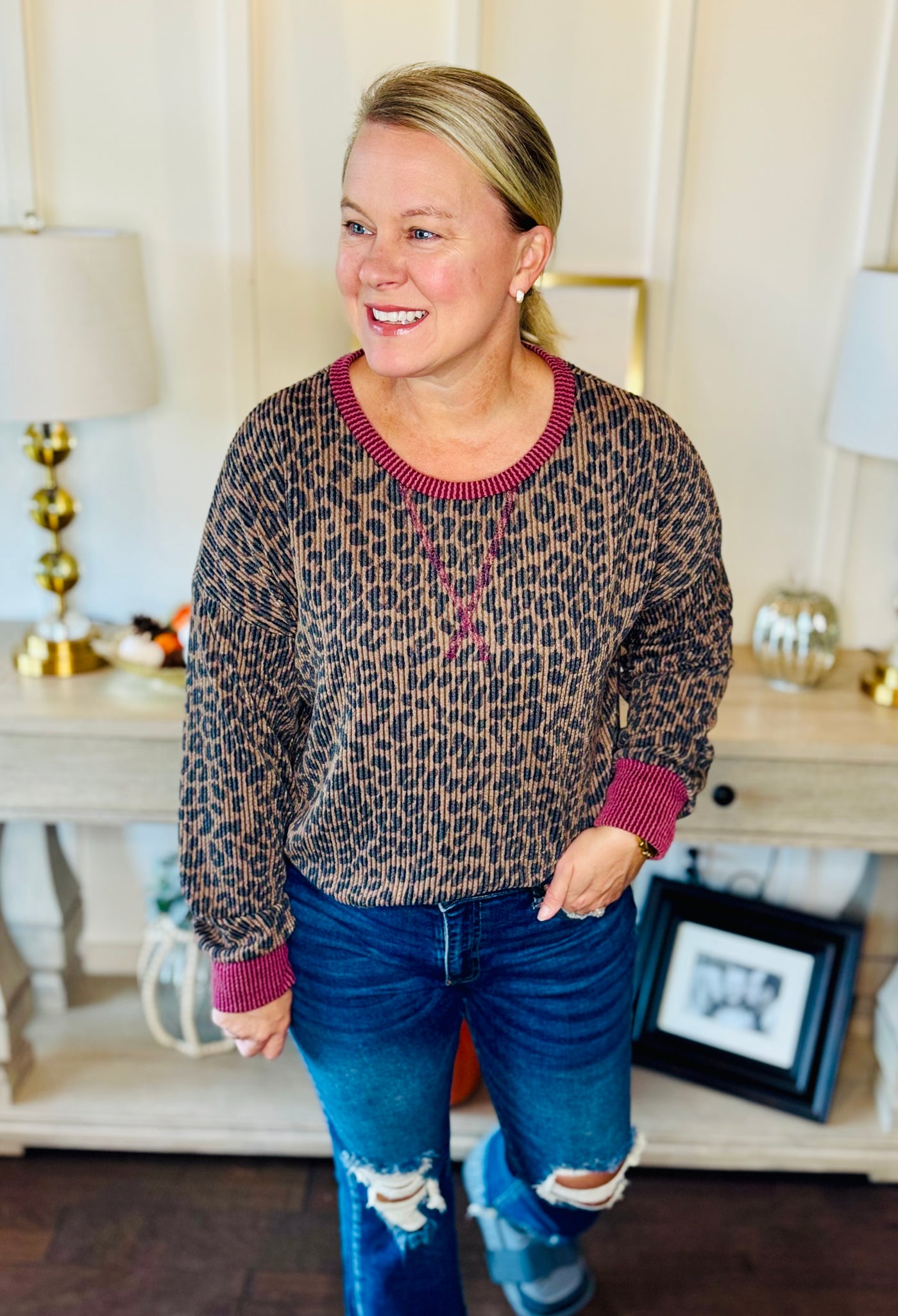 Leopard Ribbed Long Sleeve - Brown Burgundy