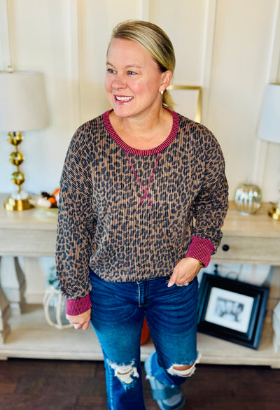 Leopard Ribbed Long Sleeve - Brown Burgundy