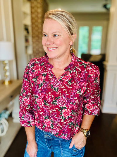 Floral V-Neck - Burgundy
