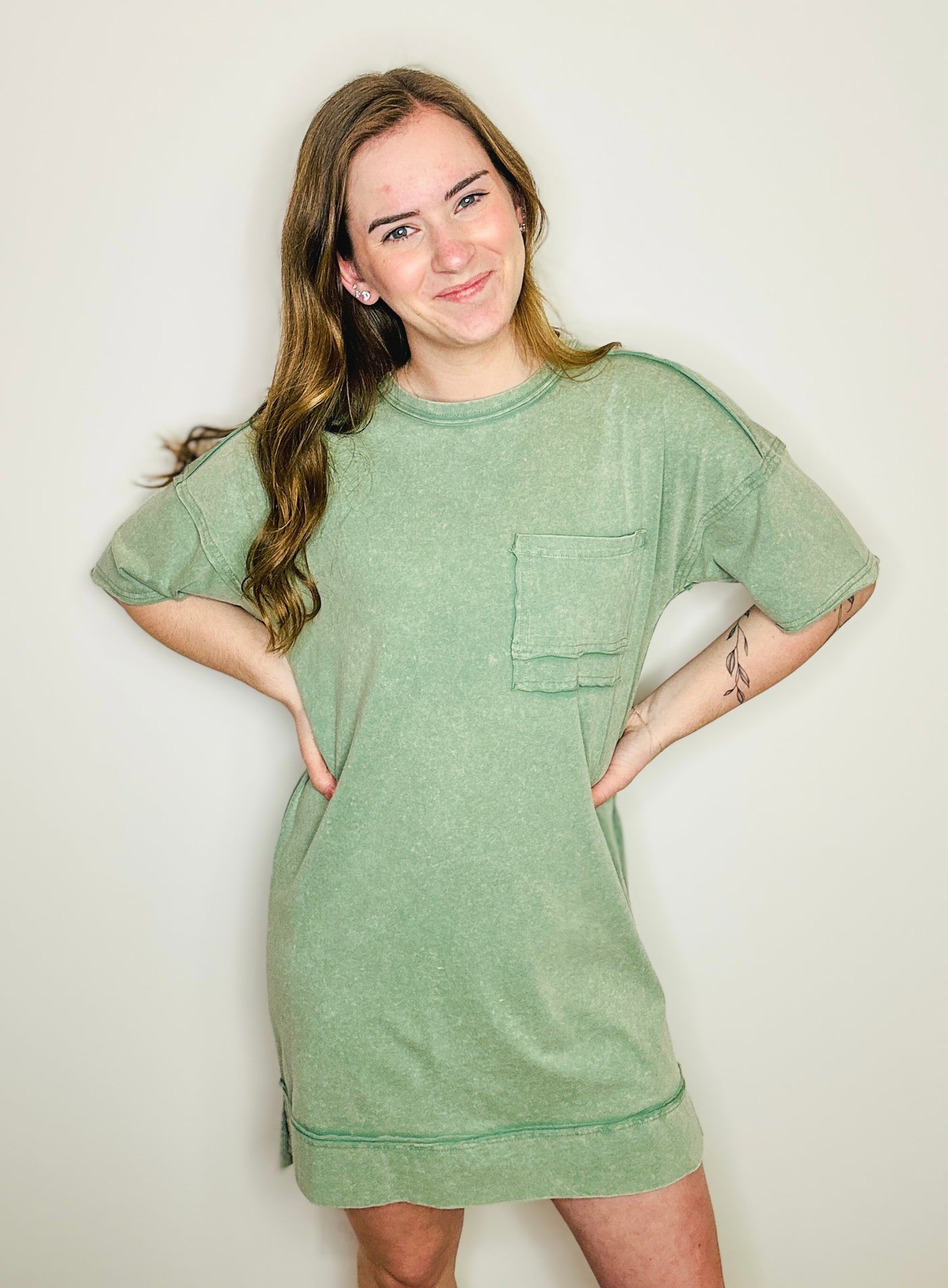 Mineral Washed Shirt Dress - Sage