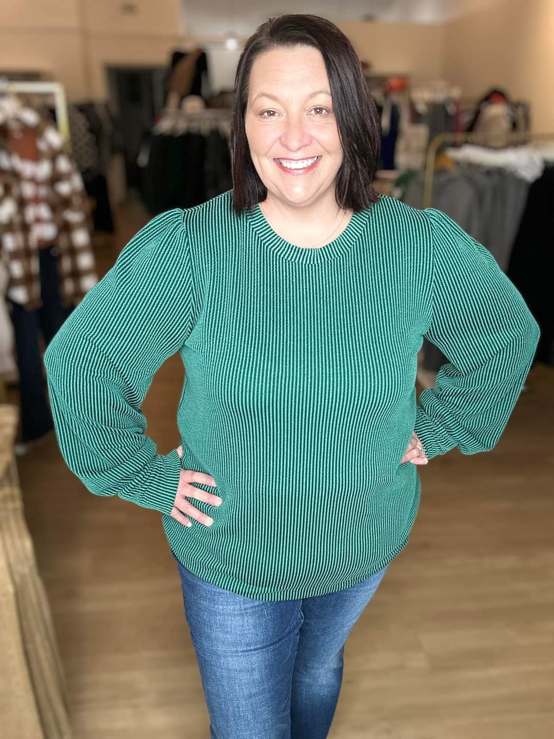 Ribbed Knit Puff Sleeve - Hunter Green