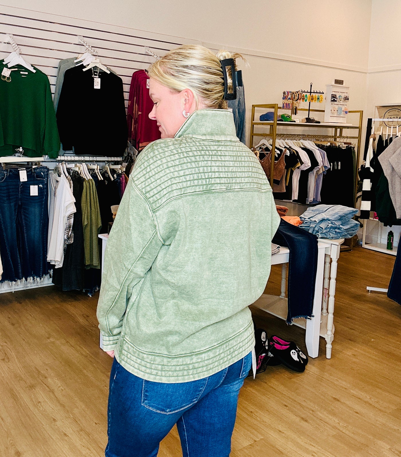 Acid Washed Half Snap Pullover - Light Olive