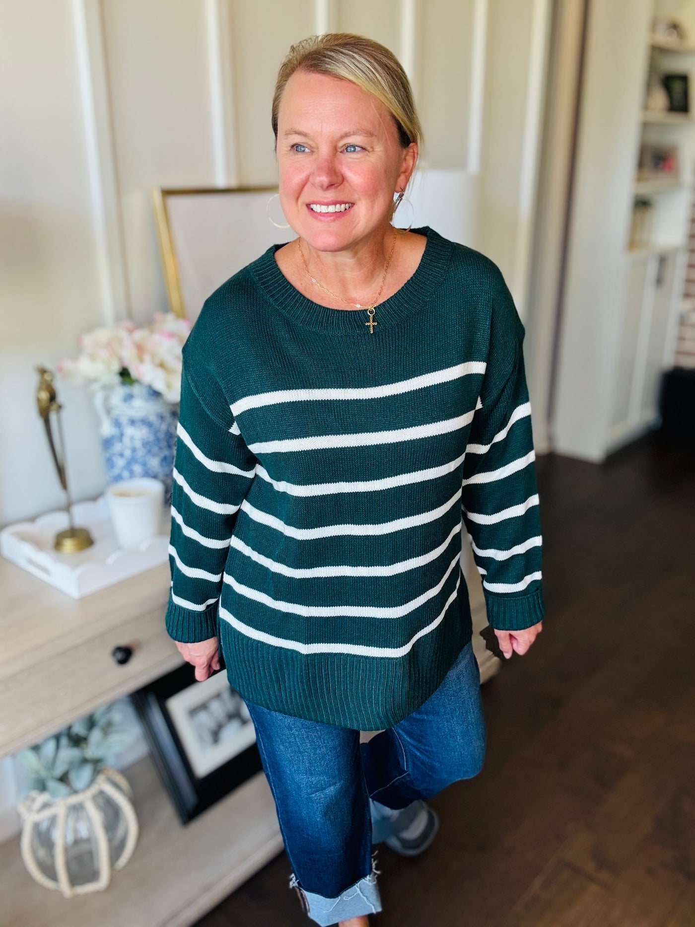 Stripe Sweater Relaxed Fit - Hunter Green