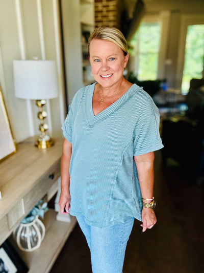 Ribbed V-Neck Short Sleeve - Blue