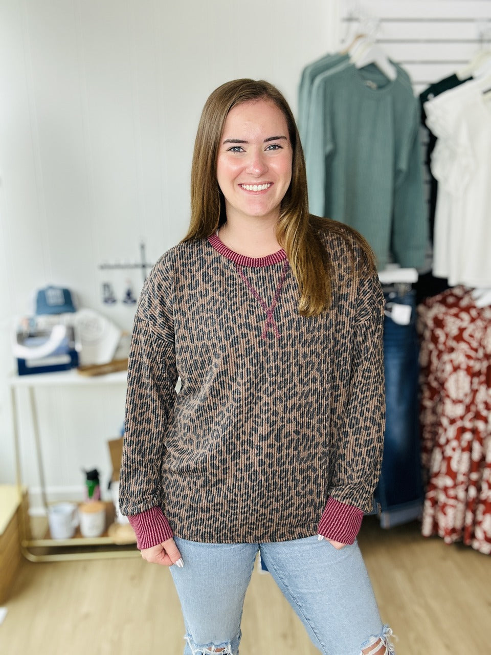 Leopard Ribbed Long Sleeve - Brown Burgundy
