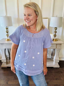 Cotton Embroidered Short Sleeve Top - Purple