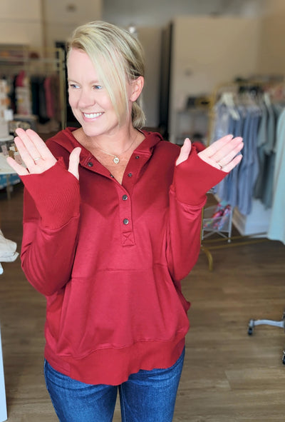 Oversized Half Button Hoodie - Burgundy