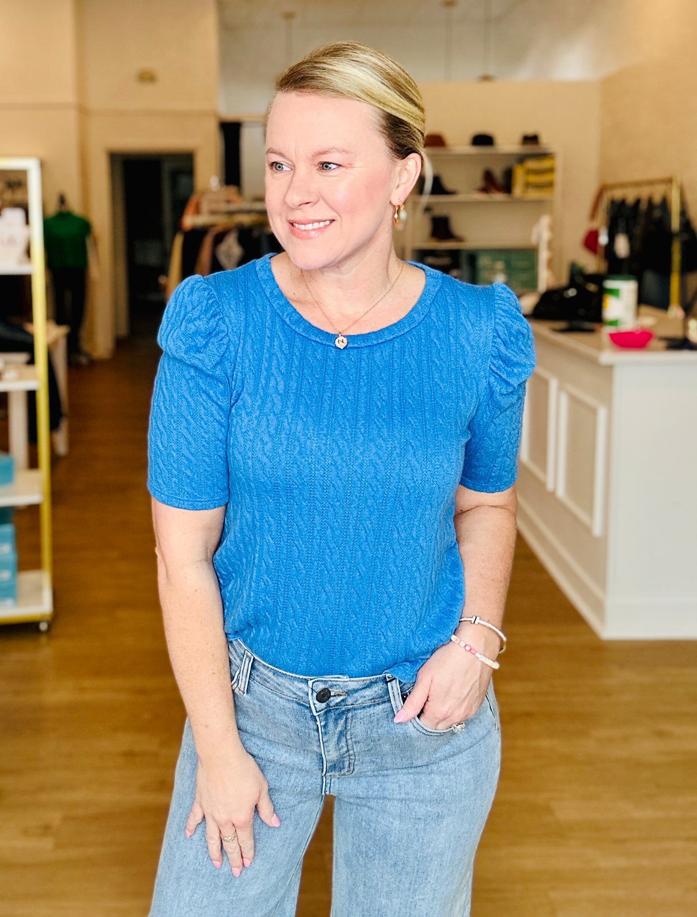 Cable Knit Short Sleeve Top - Royal Blue