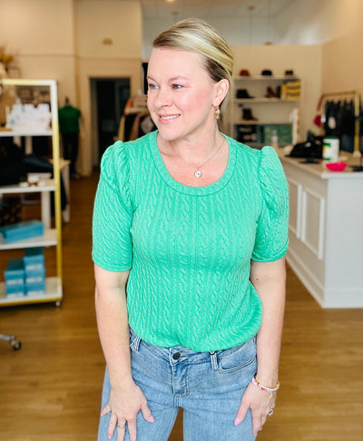 Cable Knit Short Sleeve Top - Kelly Green