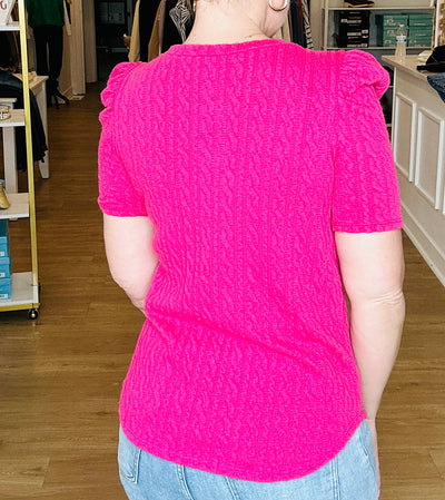 Cable Knit Short Sleeve Top - Fuchsia