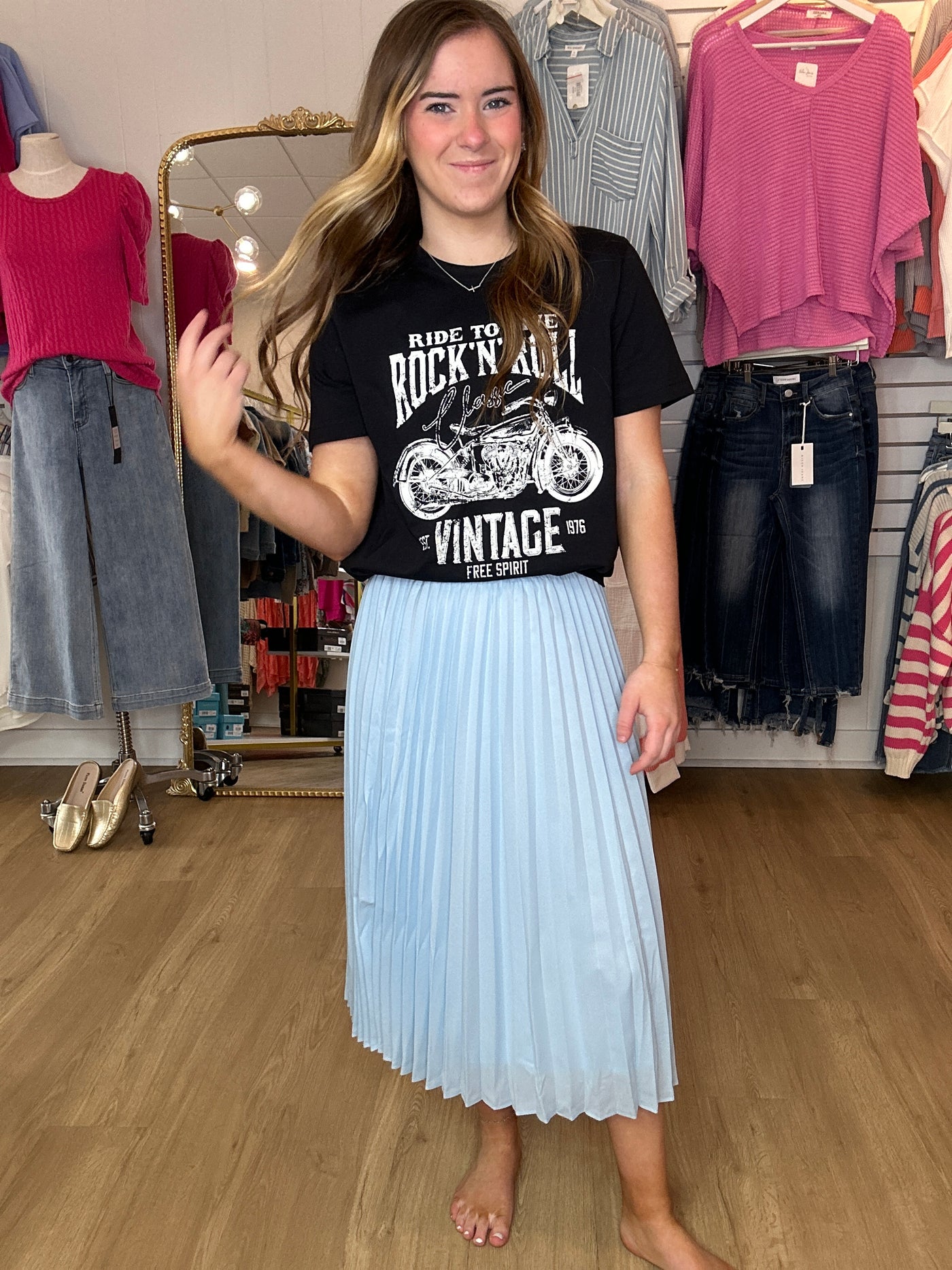 Pleated A-Line Skirt - Blue