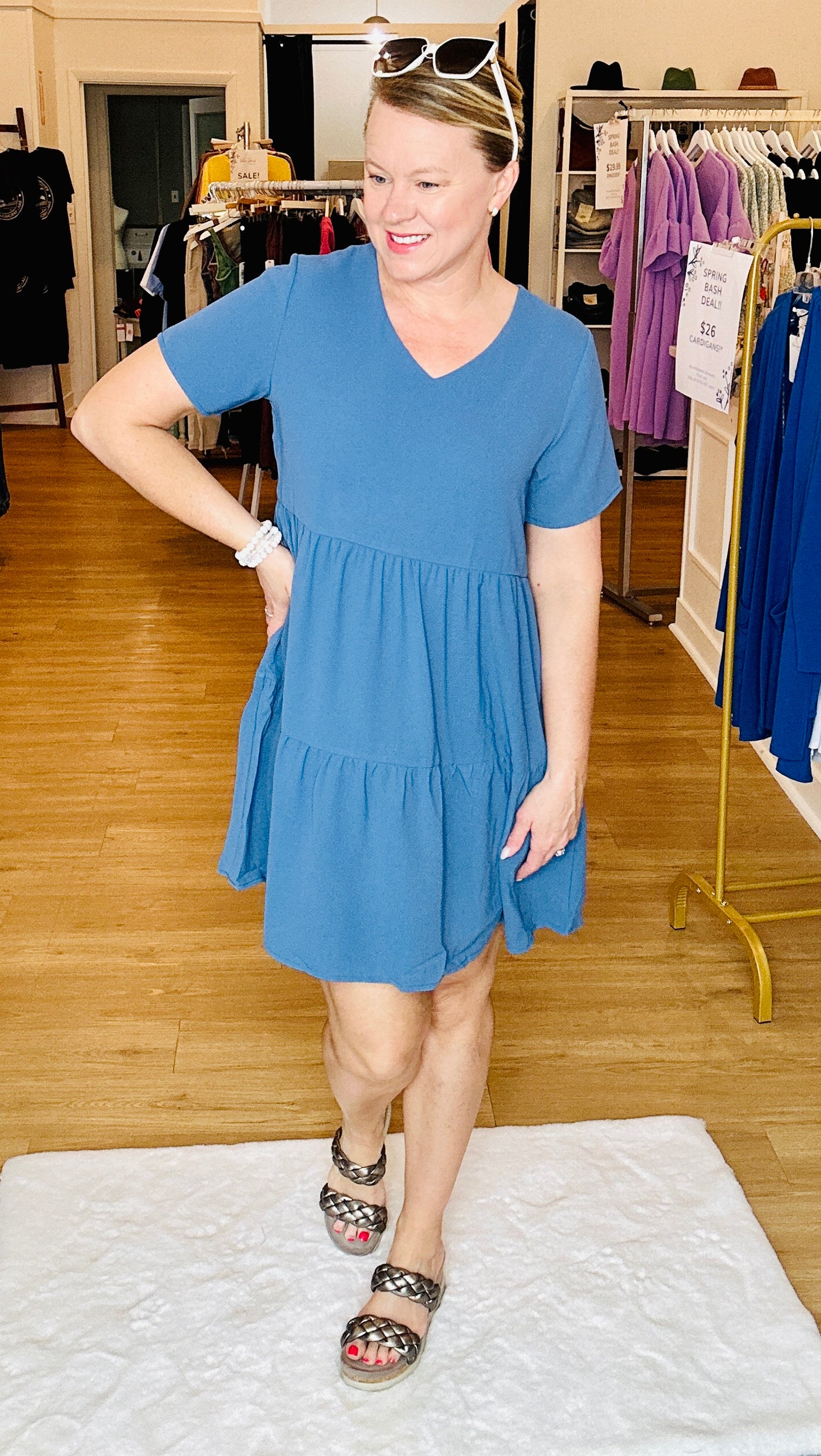 Short Sleeve Tunic Dress - Denim Blue