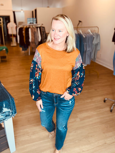 Rust Floral Sleeve Blouse