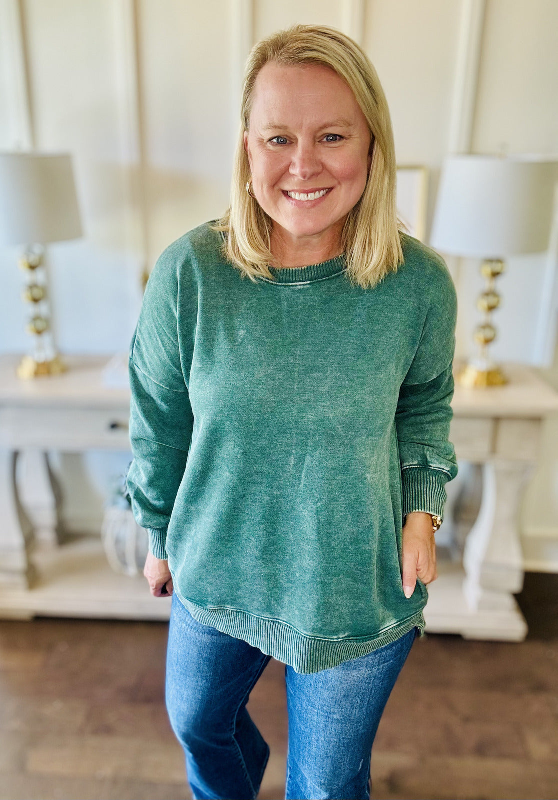 Acid Washed Pullover w-Pockets - Dark Green