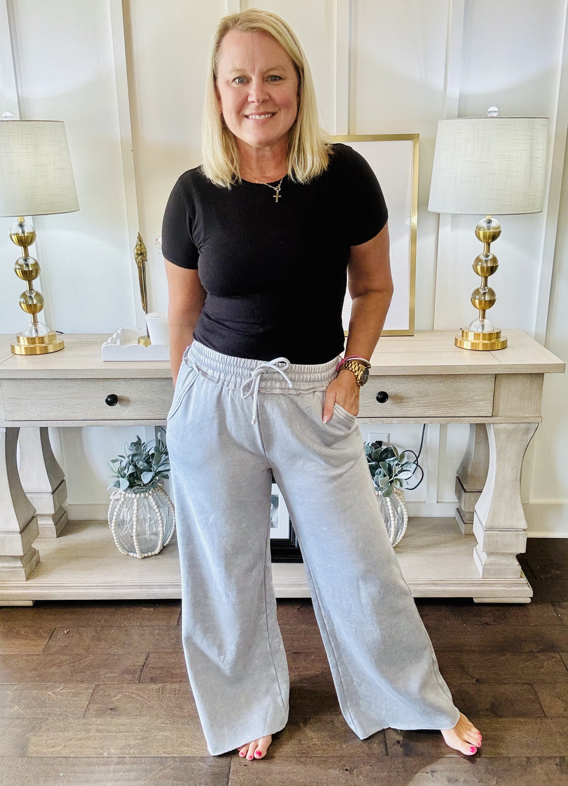 Acid Washed Wide Leg Pants - Sleet
