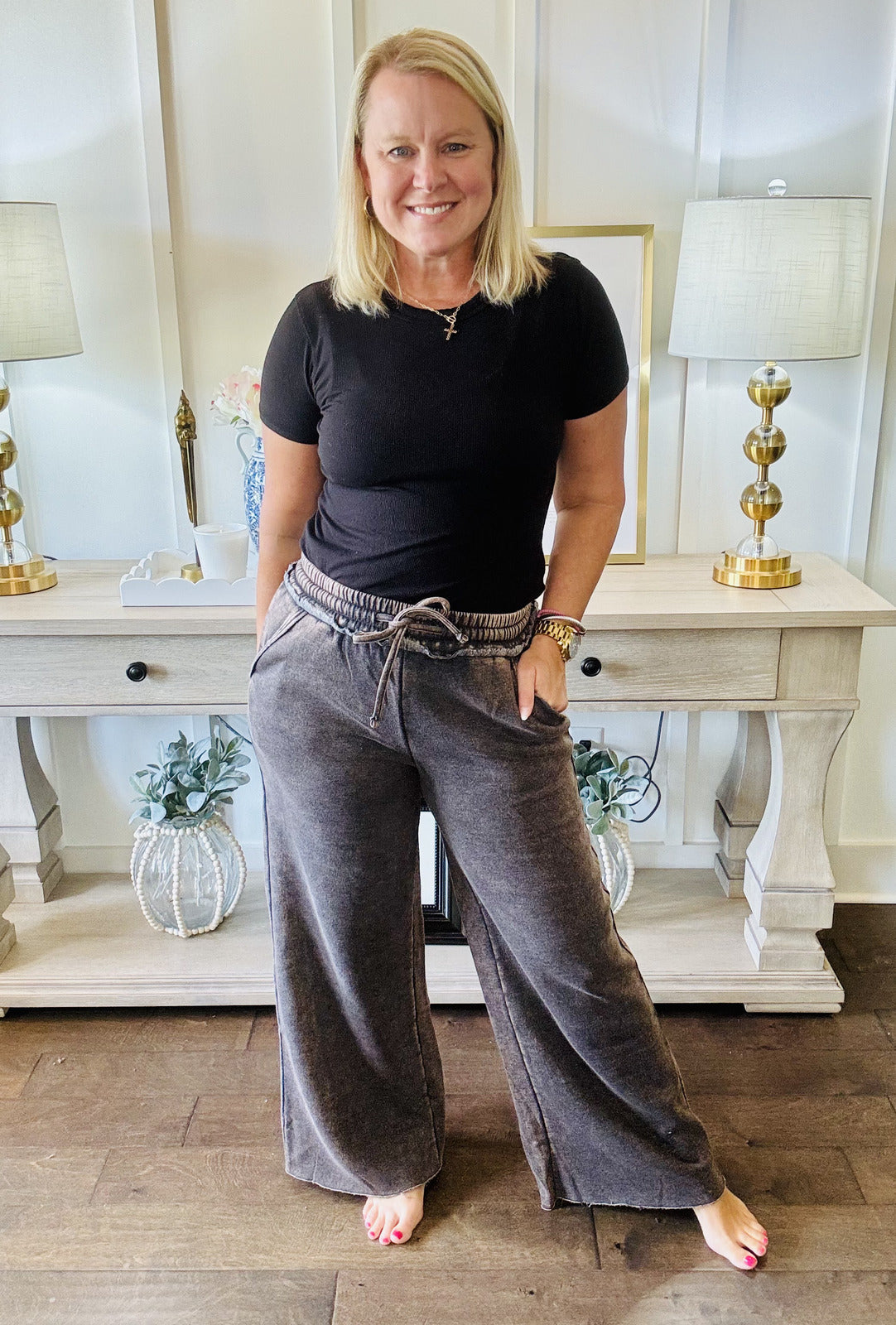 Acid Washed Wide Leg Pants - Ash Black