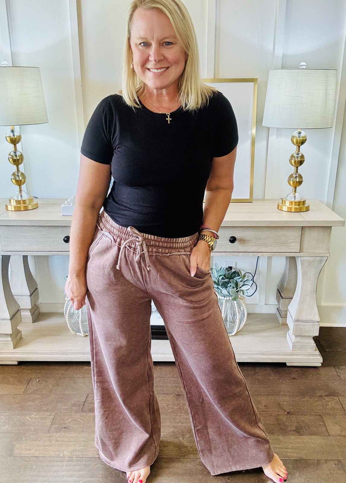 Acid Washed Wide Leg Pants - Brown