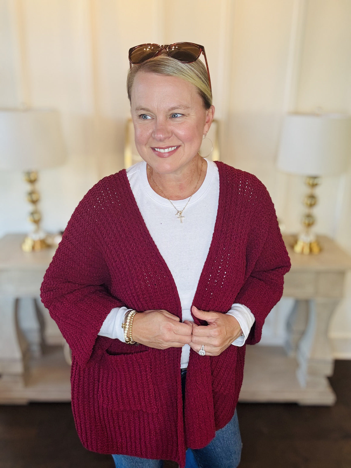 Oversized 3/4 Sleeve Cardigan - Cabernet