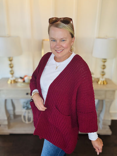 Oversized 3/4 Sleeve Cardigan - Cabernet