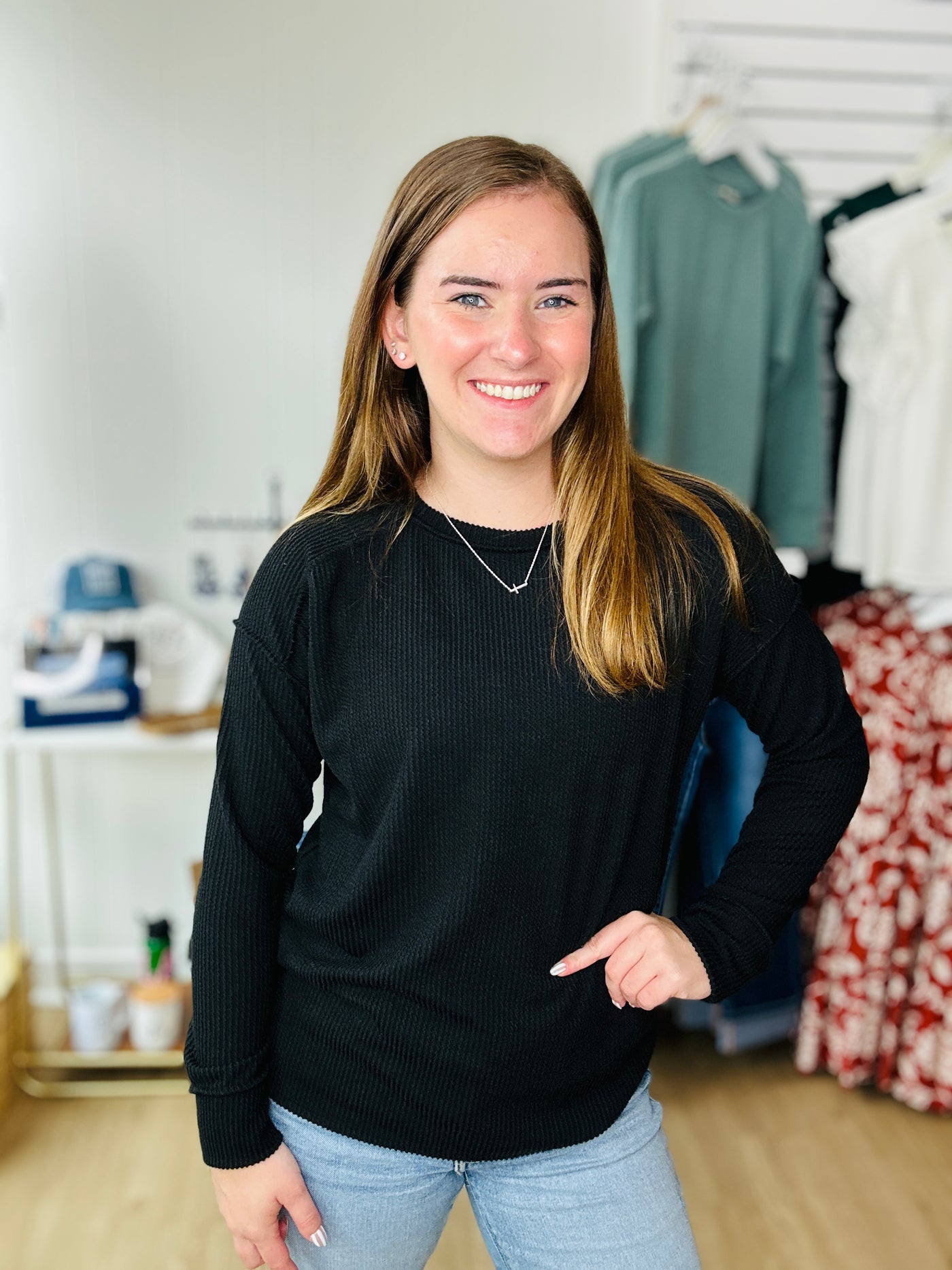 Ribbed Split Side Long Sleeve - Black