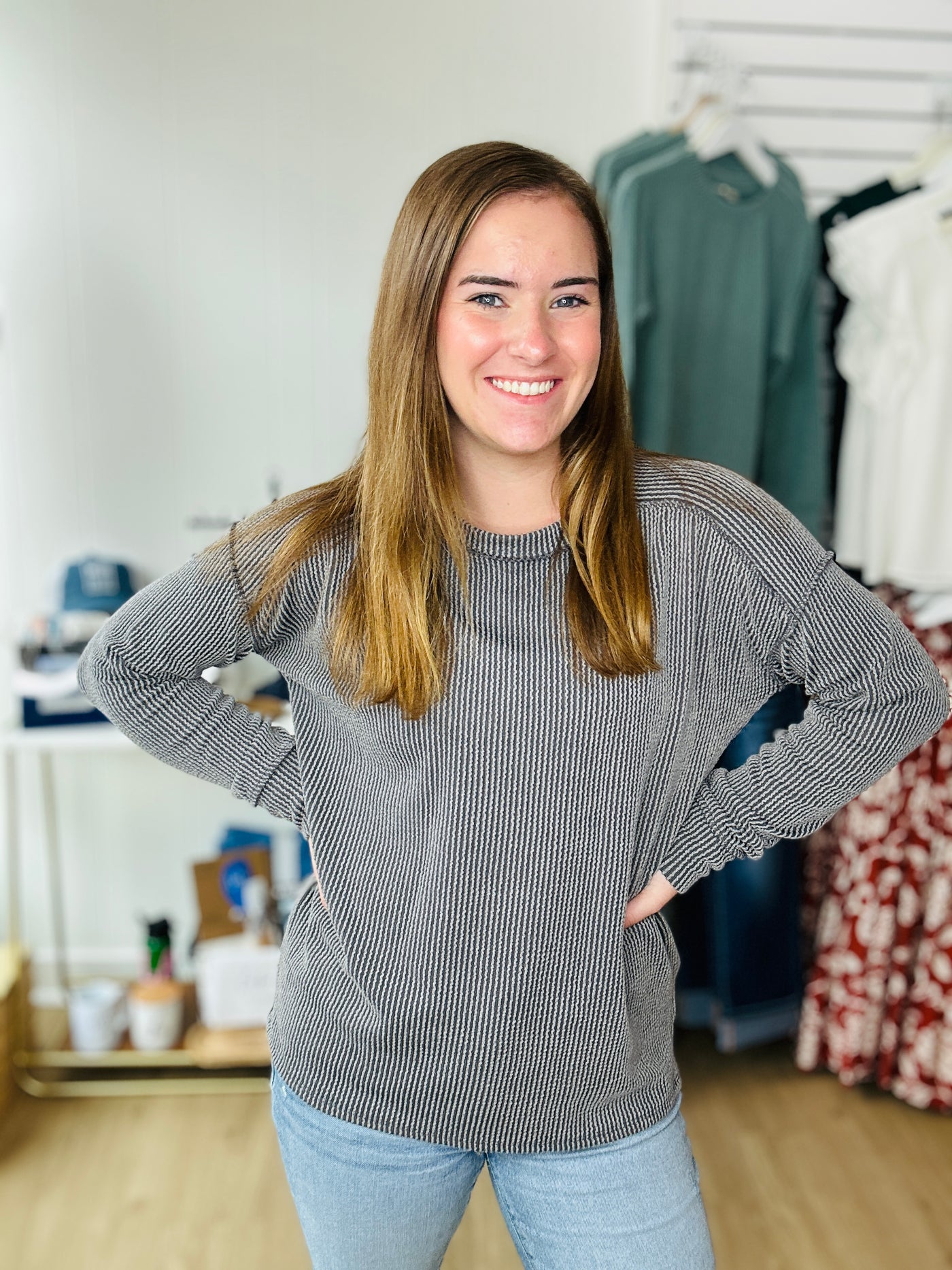 Ribbed Split Side Long Sleeve - Dark Grey