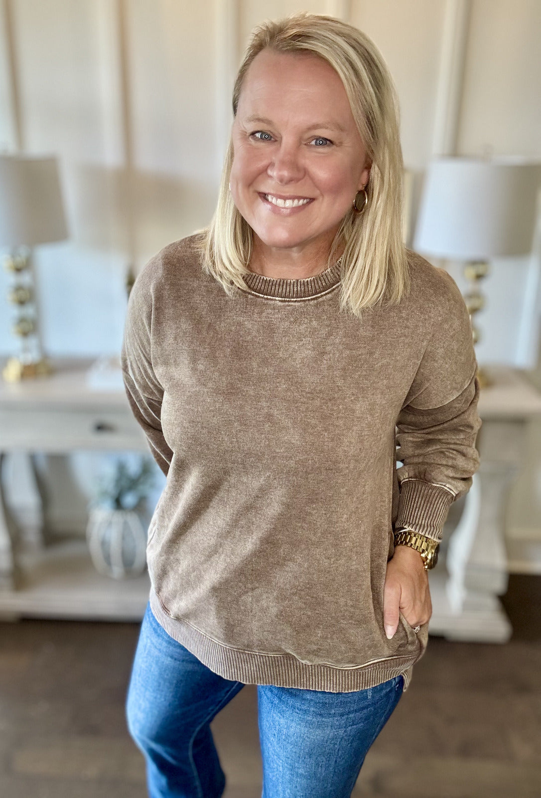 Acid Washed Pullover w-Pockets - Mocha